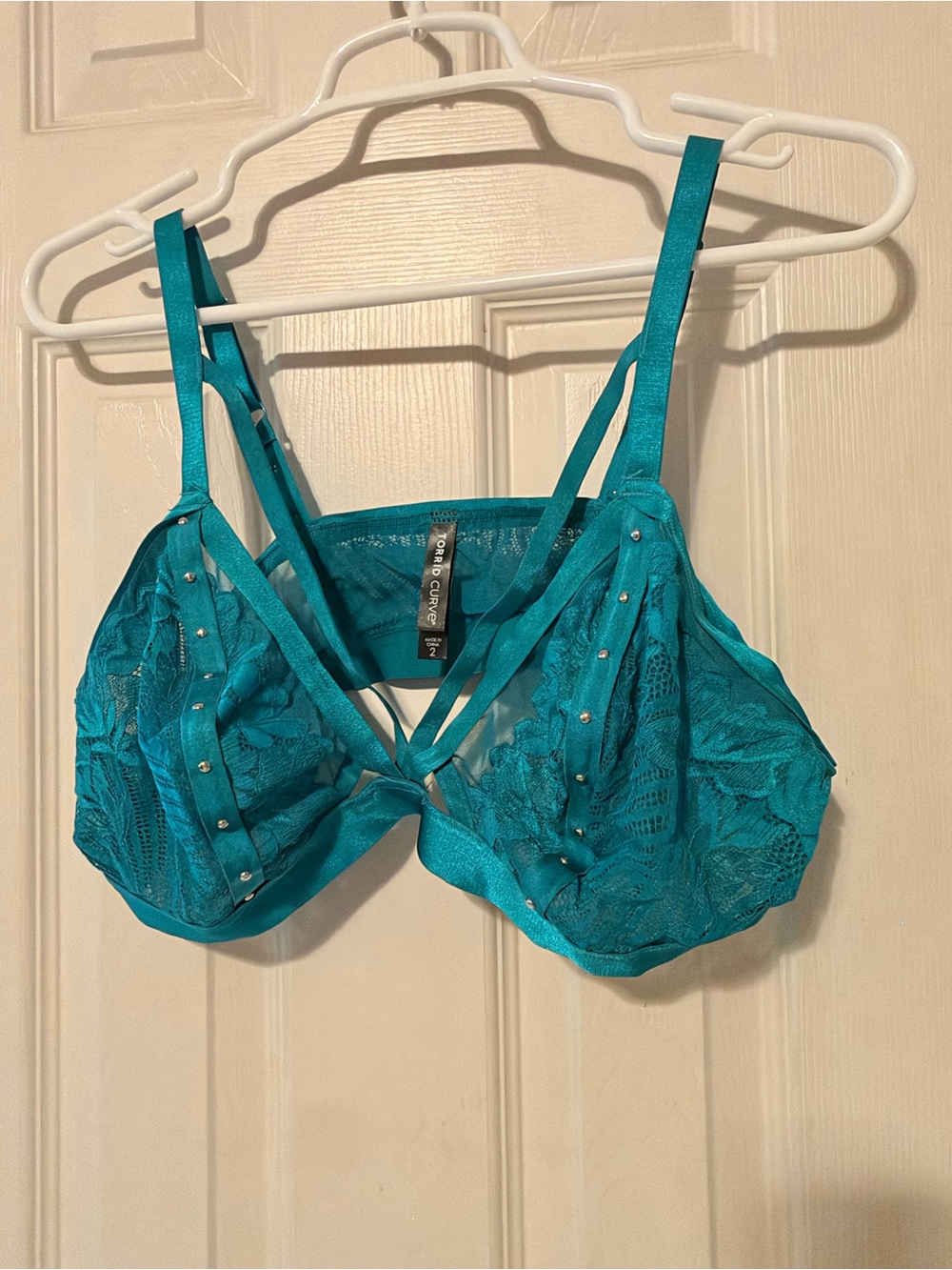 Strappy Lace Plunge Bra with Stud Accents in Teal